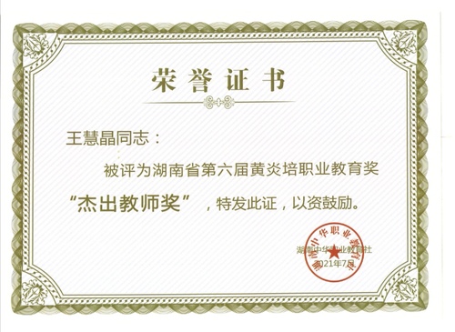湖南省黄炎培杰出教师奖证书